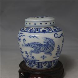 A BLUE & WHITE TIGER GINGER JAR MING DYNASTY.