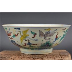 A FAMILLE VERTE CRANE BOWL CHENGHUA MARK 14TH/C.