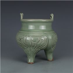 A GREEN GLAZED DOUBLE HANDLE CENSER MING DYNASTY.