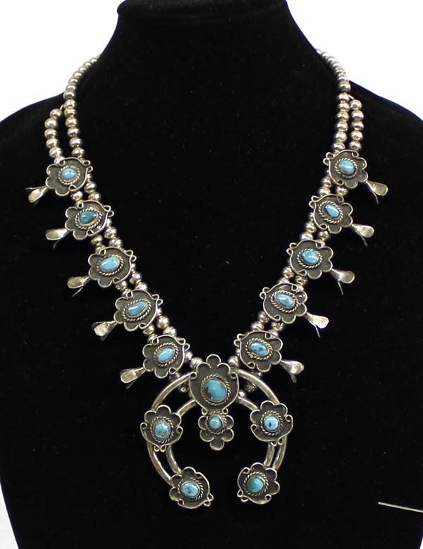 Navajo Sterling Turquoise Squash Blossom Necklace