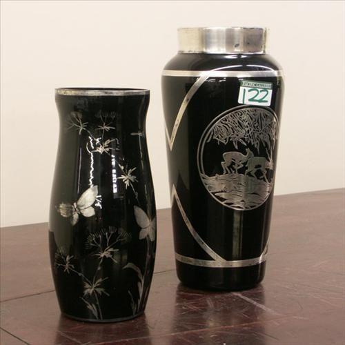ART GLASS CZECH BLACK GLASS SILVER OVERLAY VASES