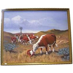 HERB MIGNERY ACRYLIC PAINTING depicting cows in an oil field with a calf and cow  in the foreground.