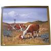 Image 1 : HERB MIGNERY ACRYLIC PAINTING depicting cows in an oil field with a calf and cow  in the foreground.