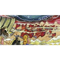 WATERCOLOR ON PAPER 9'' x 18'', a herd of running bisons, unsigned. Circa 20th century.