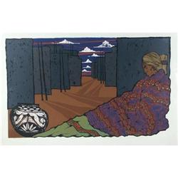 COLOR LITHOGRAPH 22'' x 36''.  Rudolph Carl Gorman  (1932 - 2005), NM, AZ. Depicting a seated Indian