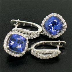 14k White Gold 4.15 ctw Cushion Tanzanite Dangle Earrings w/ Pave Diamond Halos