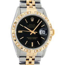 Rolex Mens 2 Tone Black Index Pyramid Diamond Bezel Datejust Wristwatch