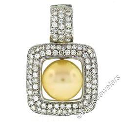 14k White Gold Golden Pearl and 3.00 ctw Diamond Square Enhancer Slide Pendant