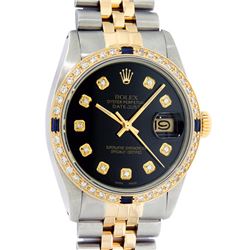 Rolex Mens 2 Tone Black Diamond & Sapphire 36MM Oyster Perpetual Datejust