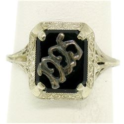 1925 14k White Gold Prong Set Black Onyx Filigree Dinner Ring