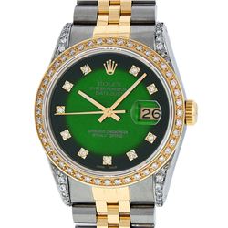 Rolex Mens 2 Tone Green Vignette Diamond Lugs Datejust Wristwatch