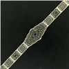 Image 3 : Antique Art Deco 10k White Gold 7" Wide Marquise Filigree & Sapphire Bracelet