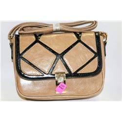 NEW WOMENS CROSS BODY PURSE; TAN & BLACK