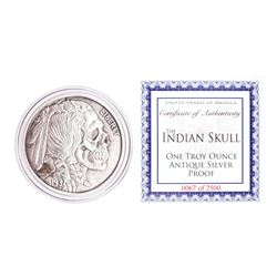 United Snakes of America Indian Skull 1 oz Antique Silver Proof Round w/COA