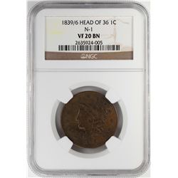 1839/6 Coronet Head of 36 Large Cent Coin NGC VF20 BN