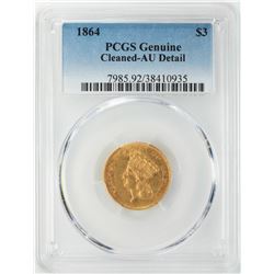 1864 $3 Indian Princess Head Gold Coin PCGS AU Details