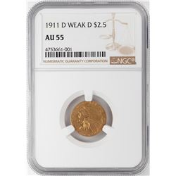 1911-D Weak D $2 1/2 Indian Head Quarter Eagle Gold Coin NGC AU55