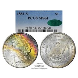 1881-S $1 Morgan Silver Dollar Coin PCGS MS64 CAC Amazing Toning