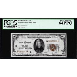 Low Serial #13 - 1929 $20 Federal Reserve Bank Note New York PCGS Very Choice New 64PPQ