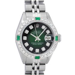 Rolex Ladies Stainless Steel Green Vignette Diamond 26MM Datejust Wristwatch