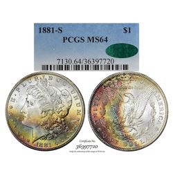 1881-S $1 Morgan Silver Dollar Coin PCGS MS64 CAC Amazing Toning