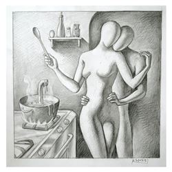 Mark Kostabi "The Spy Who Loved Me" Original Etching on Paper