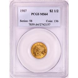 1907 $2 1/2 Liberty Head Quarter Eagle Gold Coin PCGS MS64