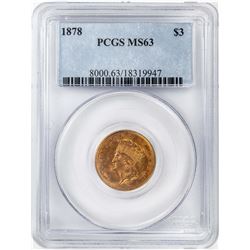 1878 $3 Indian Princess Head Gold Coin PCGS MS63