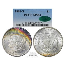 1881-S $1 Morgan Silver Dollar Coin PCGS MS64 CAC Amazing Toning