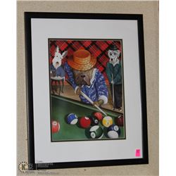 17 X 21 DOGS PLAYING POOL, FRAMED & MATTED