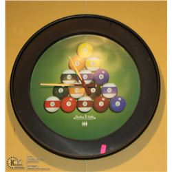 POOL BALL RACKED WALL CLOCK, 18" DIAMETER