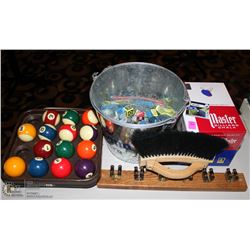2 NEW BOXES OF BILLIARD CHALK, WITH BALLS AND MORE