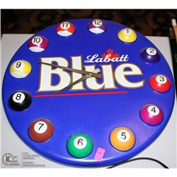 LABATT BLUE POOL BALL WALL CLOCK, 16" DIAMETER