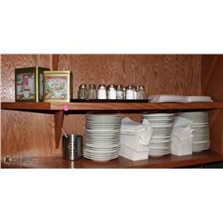 2 SHELVES OF WHITE SERVING PLATES AND MORE