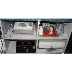 4 SHELVES WITH CASH REGISTER, CASH DRAWERS AND