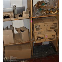 5 SHELVES OF ASSORTED NEW BAR GLASSWARE AND MORE