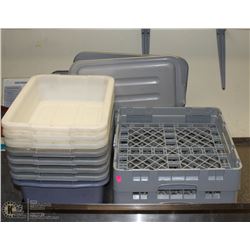 LOT OF BUS PANS AND DISH RACKS