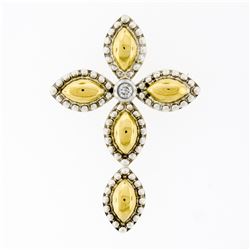 18K Gold Silver Bead Work Marquise Cross Pendant & Bezel Diamond