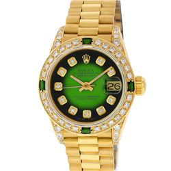 Rolex Ladies 18K Yellow Gold Green Vignette Diamond And Emerald President Wristw