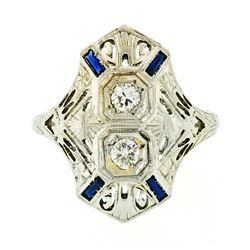 Art Deco 18kt White Gold Euro Cut Diamond & Sapphire Filigree Dinner Ring