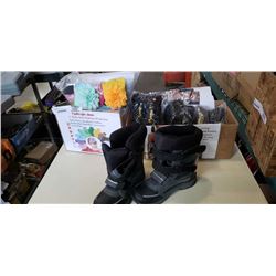 2 BOXES OF NEW, POSTURE STRAIGHTENERS, KIDS HAIRBANDS, SHOES, AND NEW BOOTS