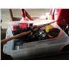 Image 1 : BIN OF TOOLS, TIRE INFLATOR, FISHING REEL, TRAILER LIGHT KIT