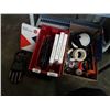 Image 1 : TOTE AND BOX OF TOOLS, TAPE, WORK GLOVES AND MORE