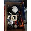 Image 2 : TOTE AND BOX OF TOOLS, TAPE, WORK GLOVES AND MORE