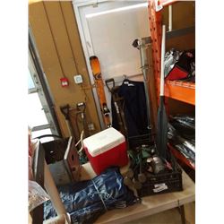 LOT OF CAMP ITEMS, COOLERS, LED LANTERN, AIR MATTRESS HEATER AND PADDLE