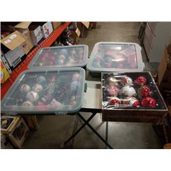 3 TOTES AND BOX OF XMAS TREE ORNAMENTS