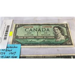 3 CANADIAN 1 DOLLAR BILLS 1954, 1967, 1973 - LAST YEAR OF BILL