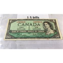 3 CIRCULATED 1954 CANADIAN $1 BILLS