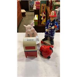 PIG, CANADA POST AND HEART COIN BANKS WITH FIREFIGHTER AND FIGURE DECANTERS