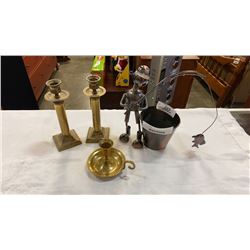 METAL FISHING FIGURE AND 3 BRASS TONE CANDLE HOLDERS